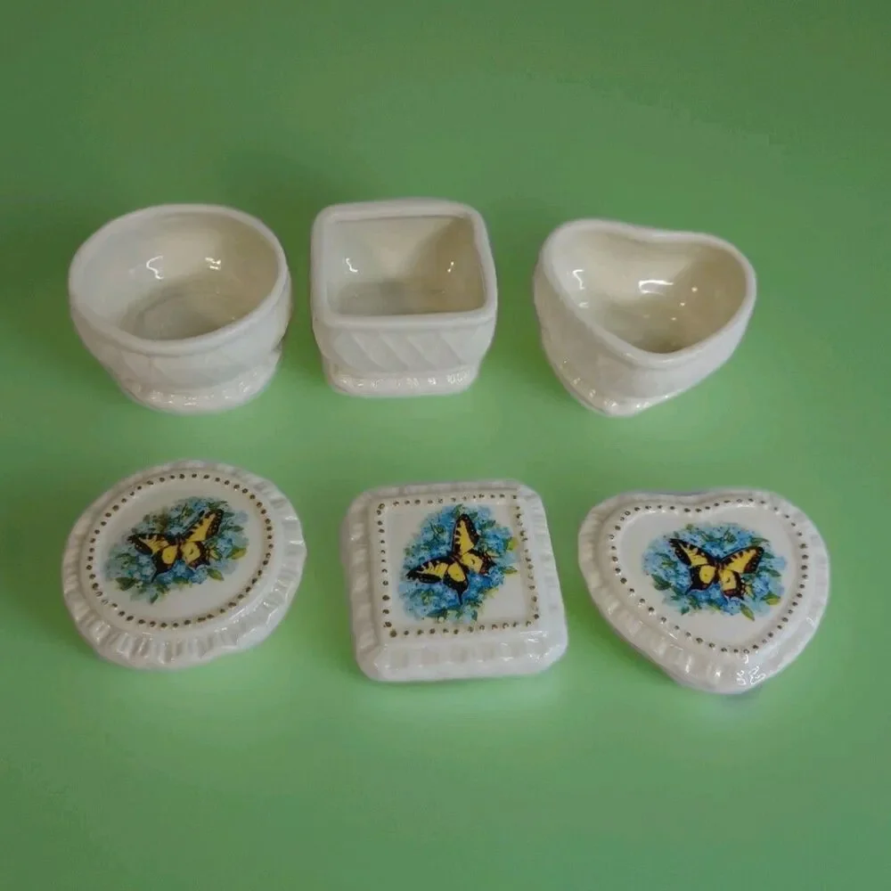3 Fairy Cottagecore Butterfly Porcelain Ring Box Set Vintage Gold Kitsch Vanity